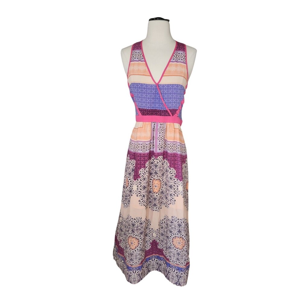 Spotlight By Warehouse Silk Mixed Print Maxi Dress Women's 6 US Pink Art To Wear